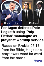 The Pentagon is speaking out after Pete Hegseth quoted Pulp Fiction during a worship service. The secretary of war used a monologue from the 1994 film that Samuel L. Jackson's character recites before he shoots a man. ''Both the CSAR prayer and the dialogue in Pulp Fiction were reflections of the verse Ezekiel 25:17, as Secretary Hegseth clearly said in his remarks at the prayer service,'' said the Pentagon spokesperson.